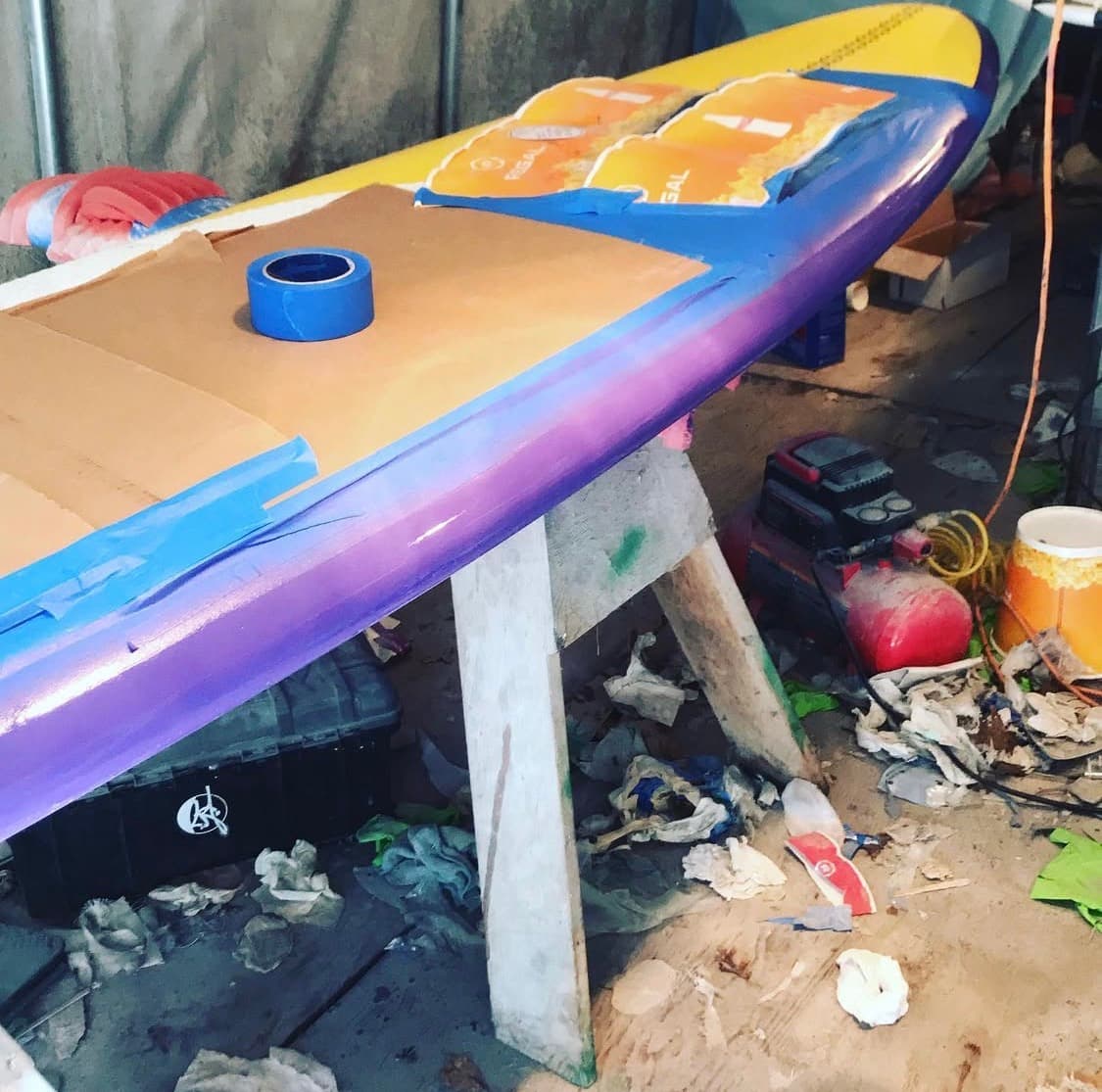 Surfboard repair work in progress