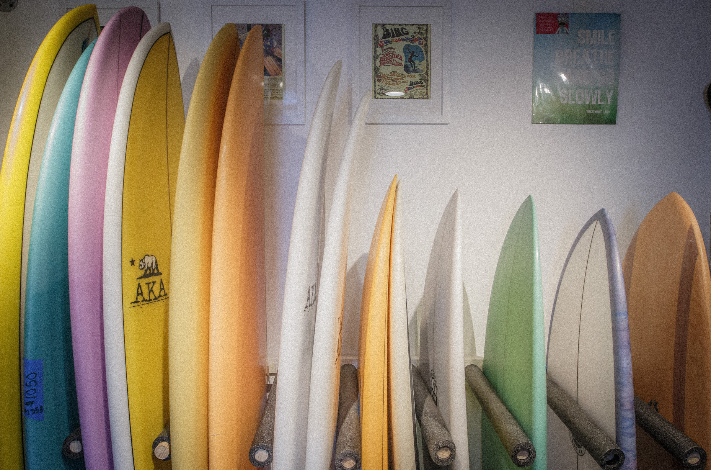 Colorful surfboard selection at Strictly Surf shop in Amagansett